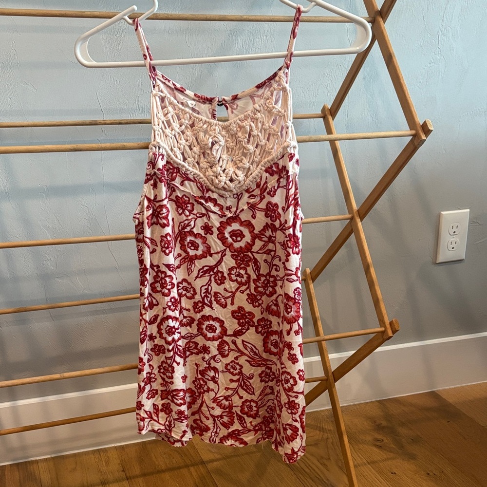 Maurices Cream Slip Top with Red Floral Print and Crochet Yoke